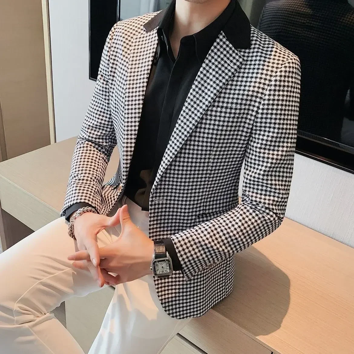 Plaid Coats Man Dress Suits and Blazers Korean Style Business Jacket for Men Clothes Classic