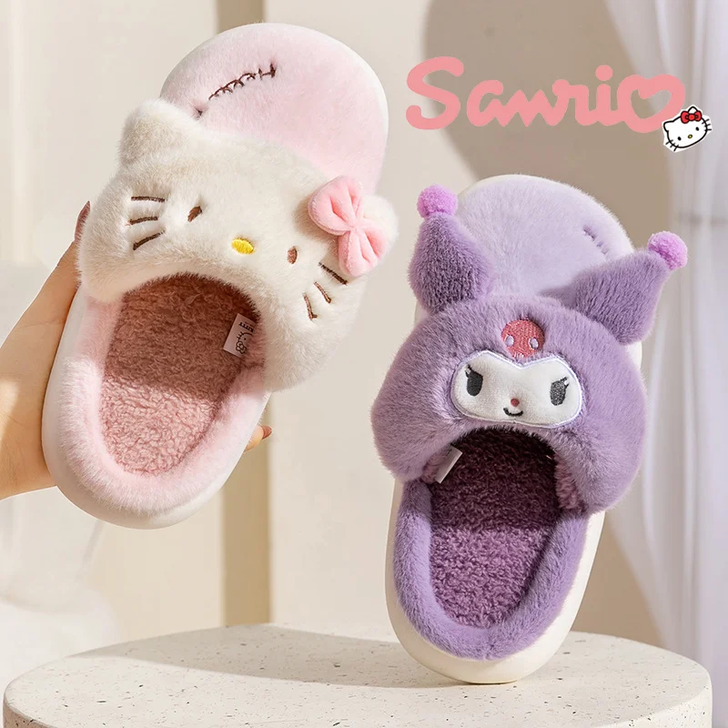 

Sanrio Kuromi Cotton Slippers Cartoon Kitty Melody Autumn Winter Women Warm Anti Slip Indoor Slippers Parent-child Home Shoes