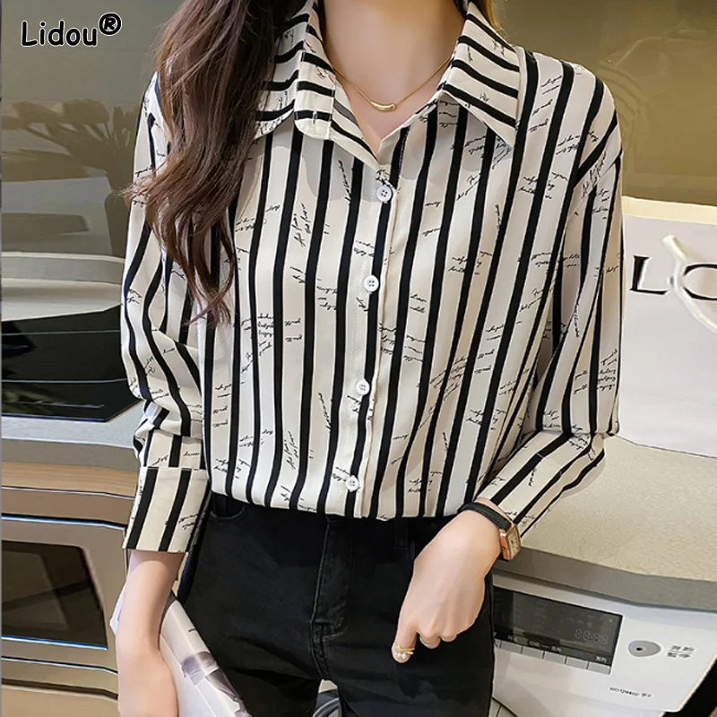 Thin Button Intellectual Simplicity Blouses Striped Fashion Classic Business Casual Loose Spring Summer Women's Clothing 2023