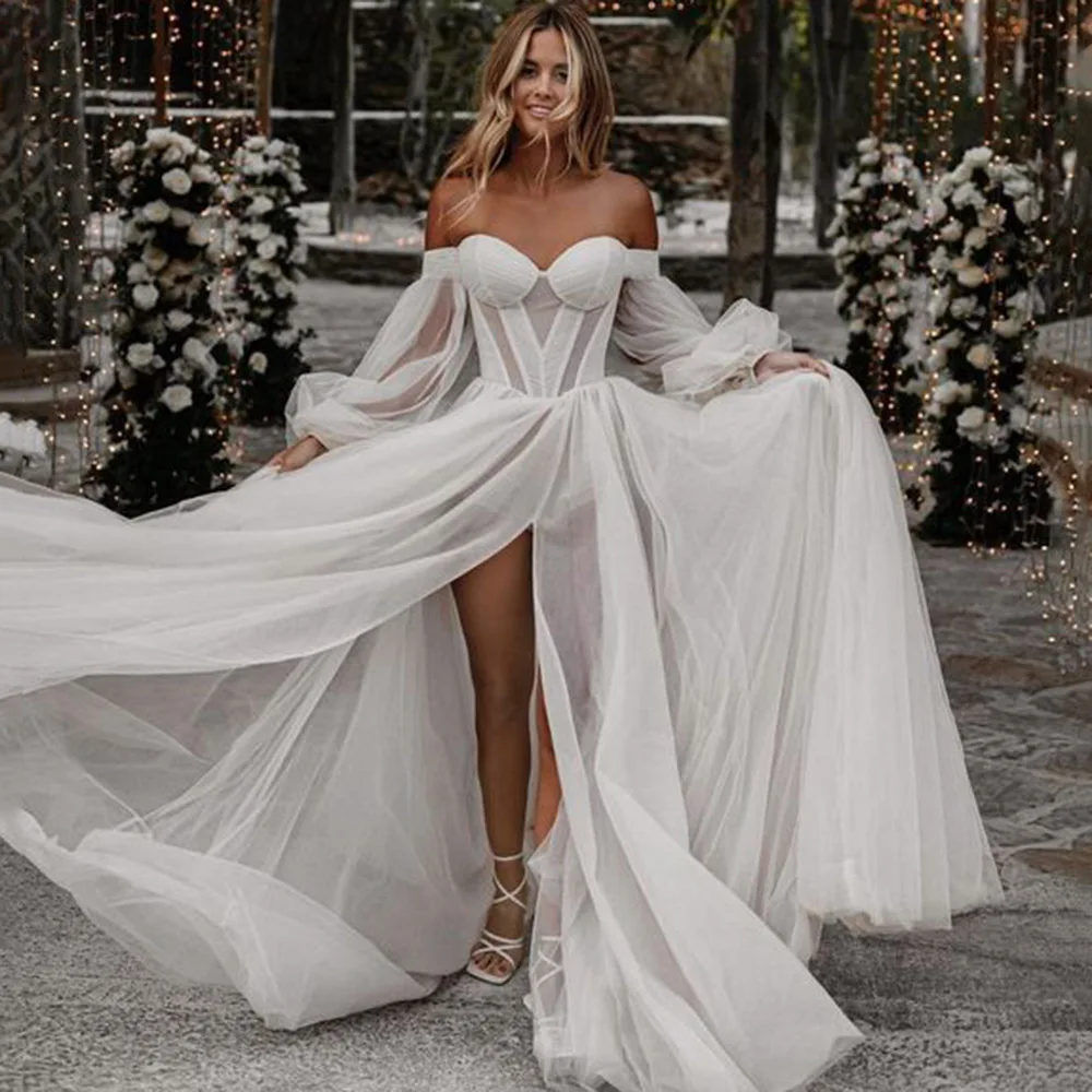 Customized Off The Shoulder Wedding Dress A Line 3/4 Puff Sleeve For Women 2022 Bride Bow Back Robe De Soirée De Mariage Custom 6