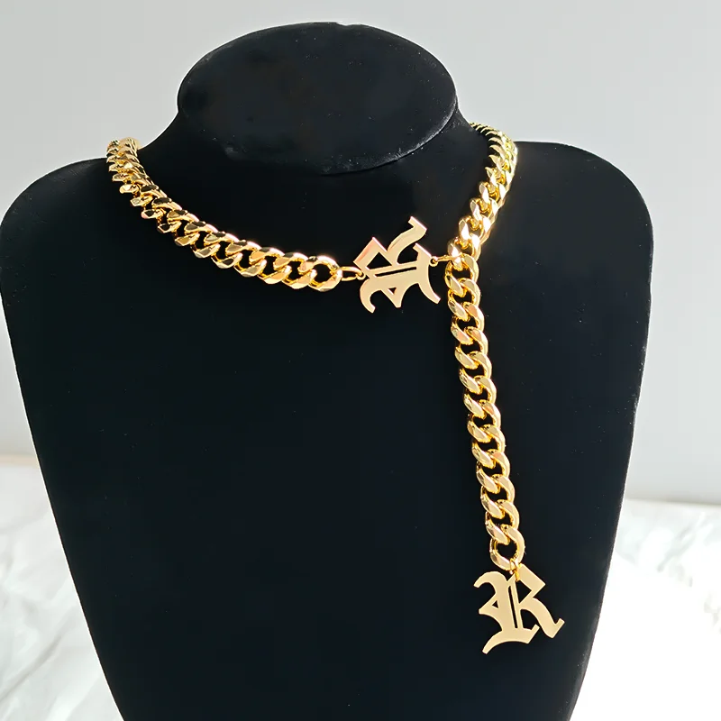 DUOYING Gothic Initial Letter Drop Choker Necklace Gold Plated Thick Cuban Link Chain Old English for Women Custom Jewelry Gif