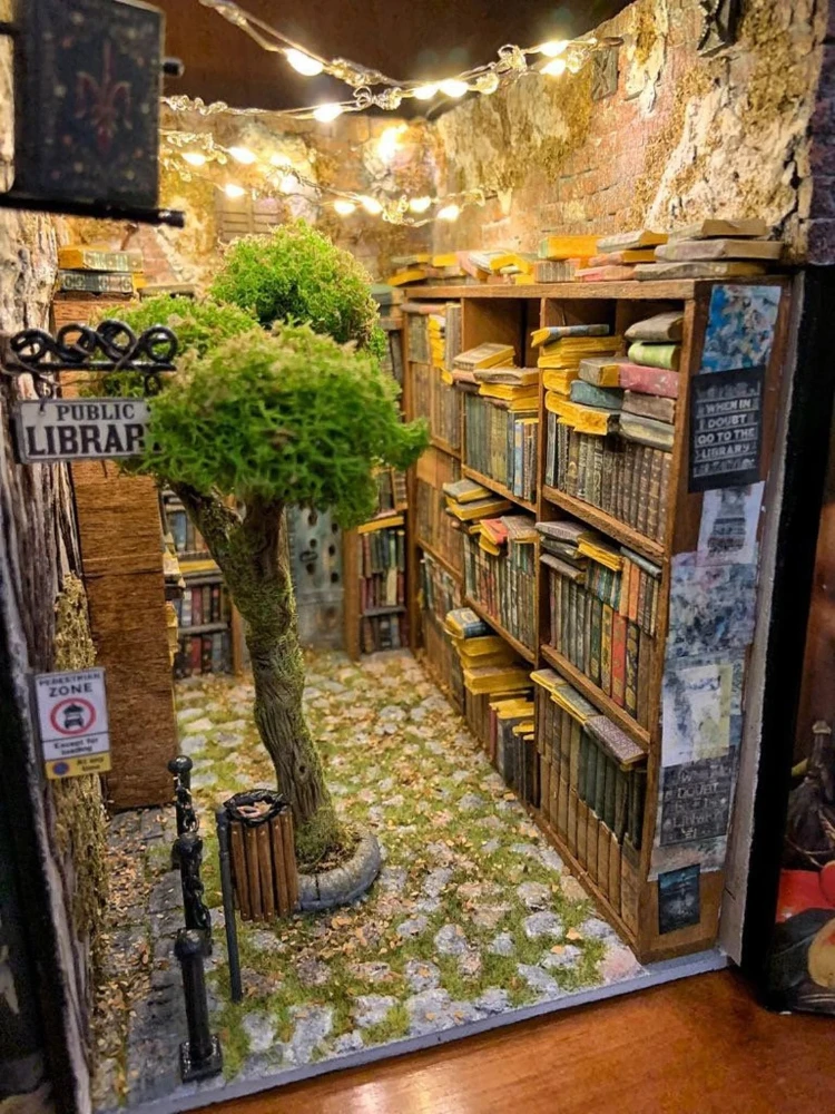 Nook de livre en bois avec lumières LED, maison l'inventaire, étagère de  booknook, insertion rétro, librairie éternelle, modèle de bricolage,  décoration de la maison - AliExpress