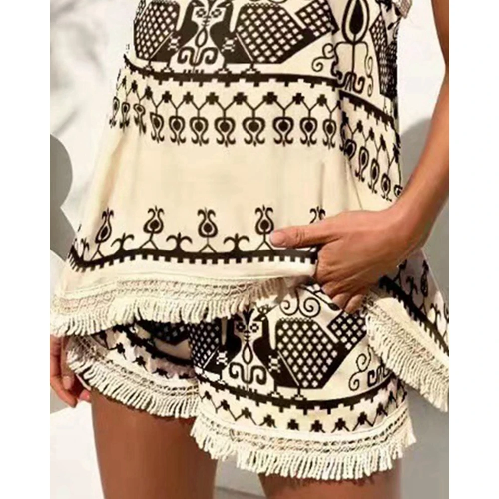 Vintage Women Retro Tribal Print Tassel Trim Cami Top & Shorts Set Casual Femme 2 Piece Cami Top Set Summer Daily Boho Vacation