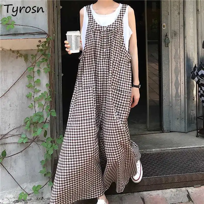 

L-4XL Jumpsuits Women Design Plaid Jumpsuit Button Pockets Loose Wide Leg Suspenders Trouser Mujer Ulzzang BF Streetwear Baggy