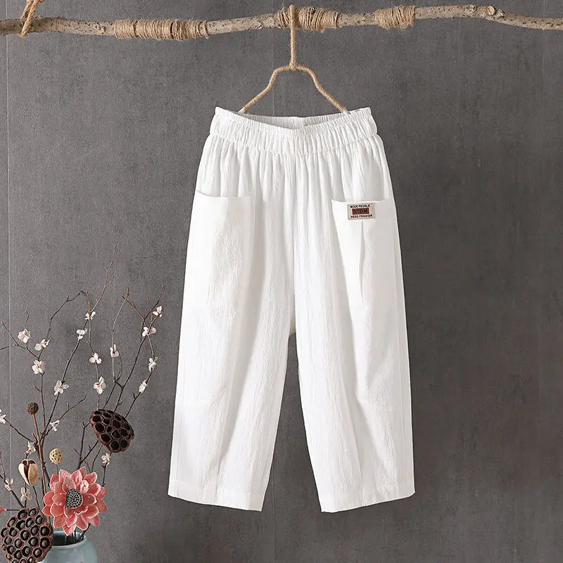 

Cotton Linen Women's 2024 Summer New Patchwork Elasticized High-waisted Pocket Folds Loose Fashion Solid Casual Harlan Capris