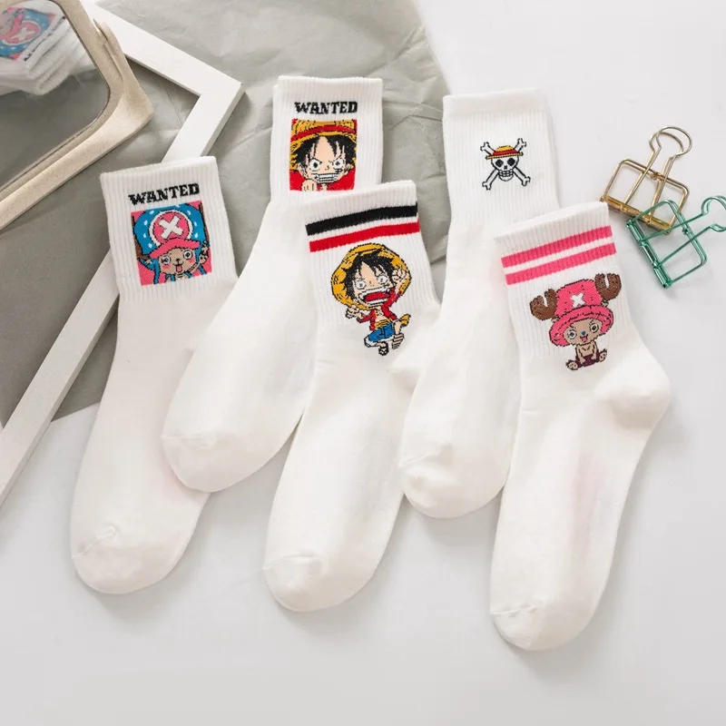 Anime Socks Anime Stockings 5Pair Anime One Piece Socks Cartoon Luffy Chopper Student Cotton White Long Short Boat Socks Printed Knitted Children Gift