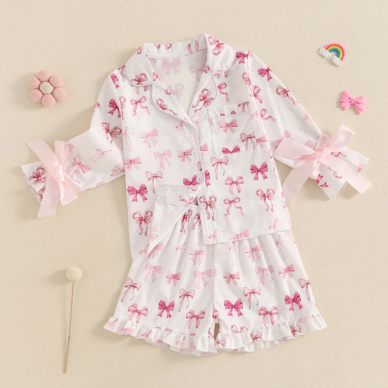 Description Picture 5 of itemSummer Toddler Baby Girl Sleepwear Casual Pajamas Set Infant Bow Print Long Sleeve Button Down Shirts Ruffled Shorts Homwear
