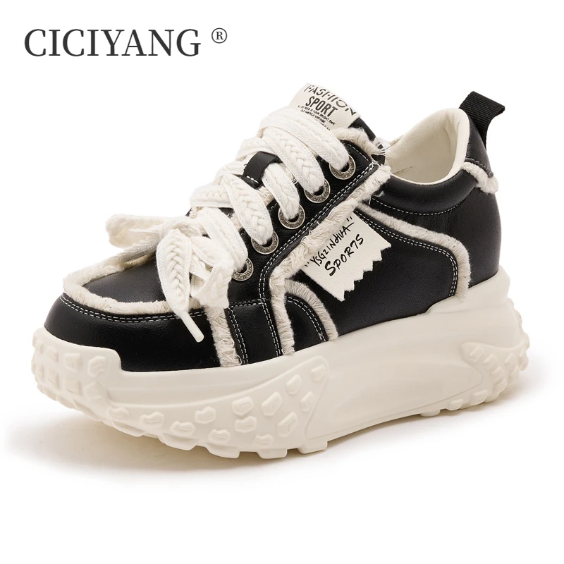 CICIYANG Chunky Sneakers Women 2024 Spring Flat Platform Sneakers Lace-up Casual Round Toe Sneakers Ladies Board Shoes Trainers