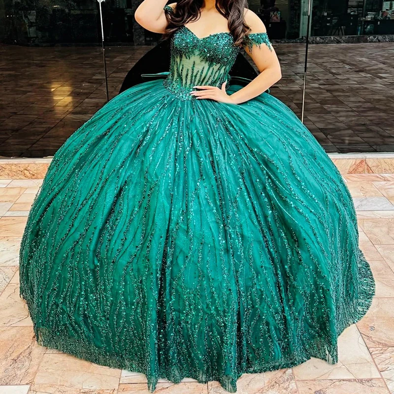 

Sparkly Emerald Green Princess Quinceanera Dresses Off Shoulder Beads Crystal Tull Corset vestido de 15 quinceañera Sweet 16Gown
