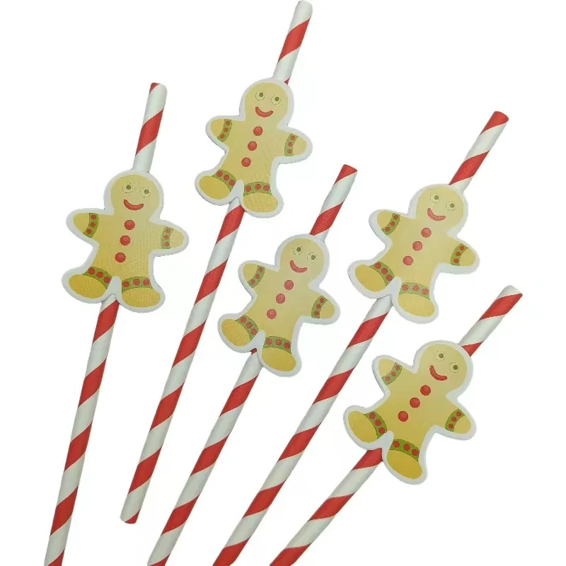 thumbnail image 1 of 10/20/50 pajitas navideñas de papel desechables con forma de Papá Noel, árbol, muñeco de nieve, hombre de jengibre, medias, pajitas con patrón de campana, 1 of 5