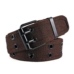 Unisex Double Row Needle Buckle Woven Belt for Casual and Outdoor Wear (Coffee)