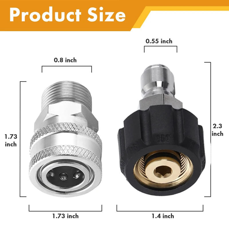 Pressure Washer Adapter Set Quick Connect Fittings M22 15mm or 14mm to 3/8 Plug for 5000 PSI Pressure Washer Hose