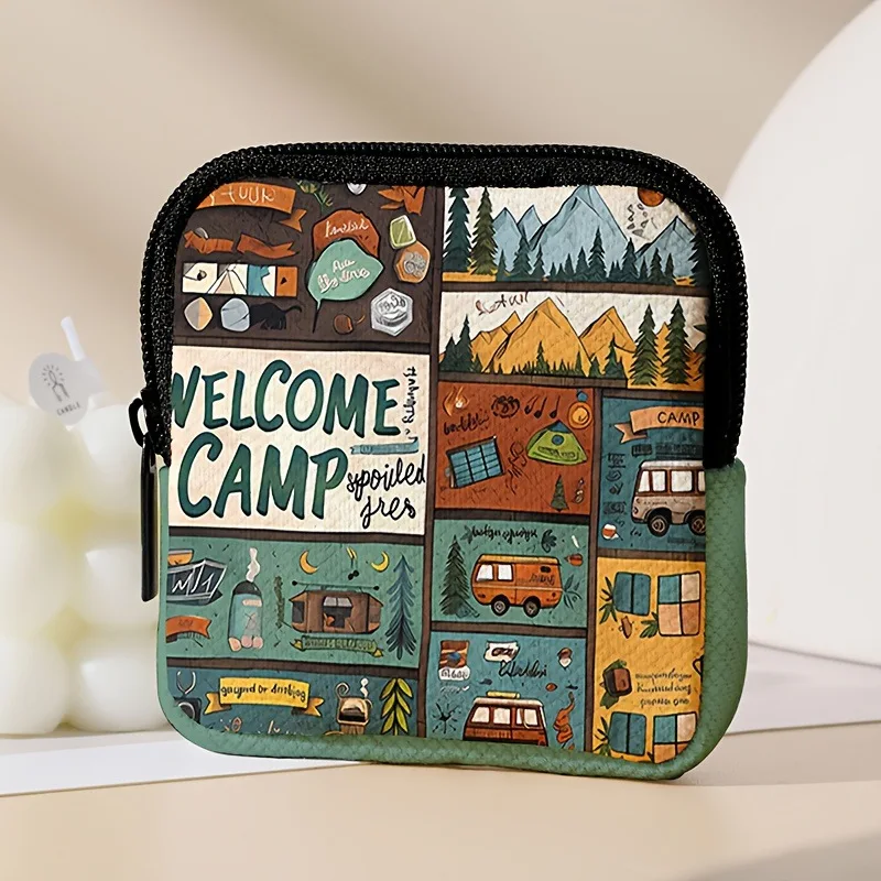 Printed Coin Purse Faux Leather Zipper Storage Bag Multi Functional Mini Earphone Case