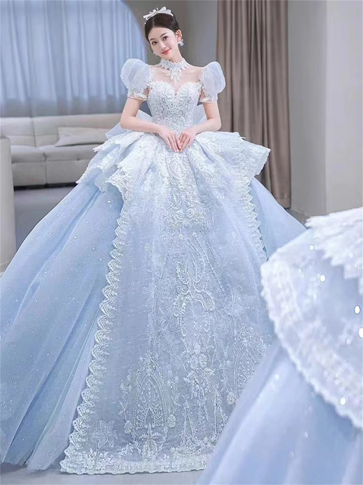 

Luxury Wedding Dress Court Train Blue Turtleneck Lace Tulle Satin Puffy Skirt Appliqué Pearl Bow Sequins 2023 Robe De Mariée