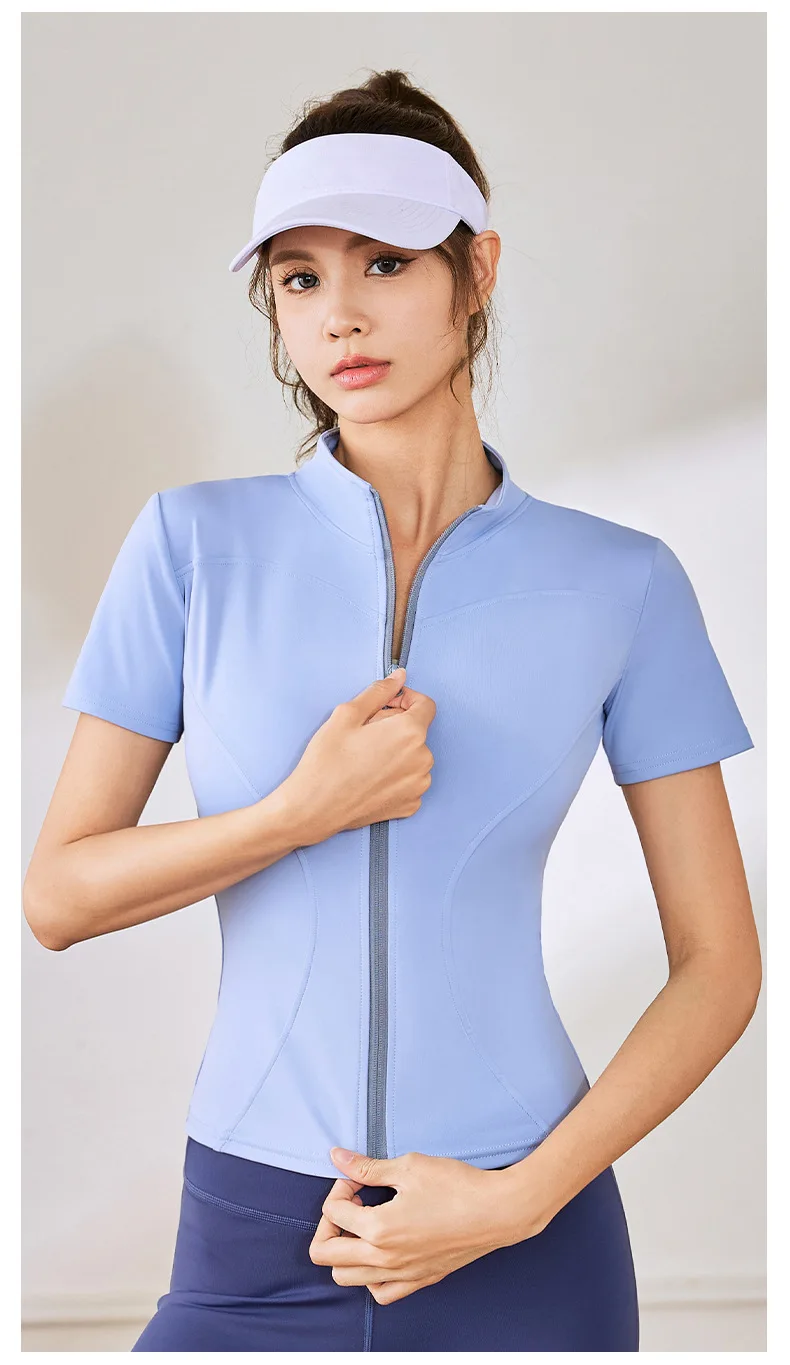 Sommer Hohe Qualität Taille Abnehmen Training Tops frauen Schnell trocknend Engen Stehkragen Voll Zipper Kurzen Ärmeln Yoga shirts – Detail 12