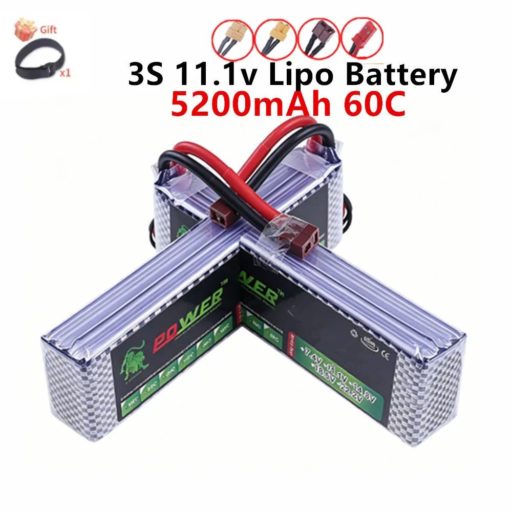 Vue d'ensemble de la batterie LiPo 5200mAh 3S 11.1V avec câbles et connecteurs multiples