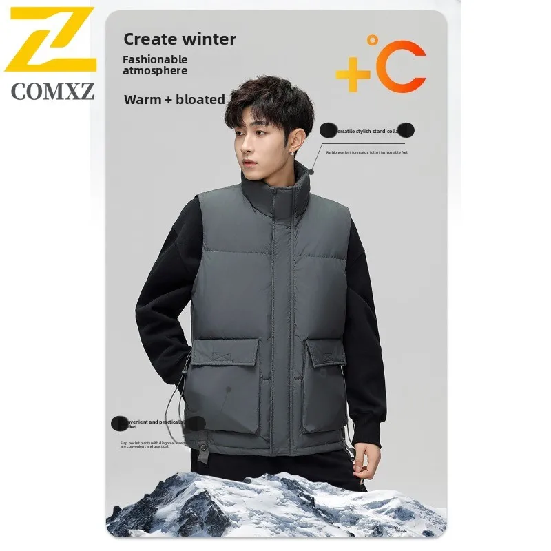 Autumn Winter Men's Down Work Vest Stand Collar  Loose Fit Waterproof Windproof Workwear Jacket for Hiking Camping Fishing 2025