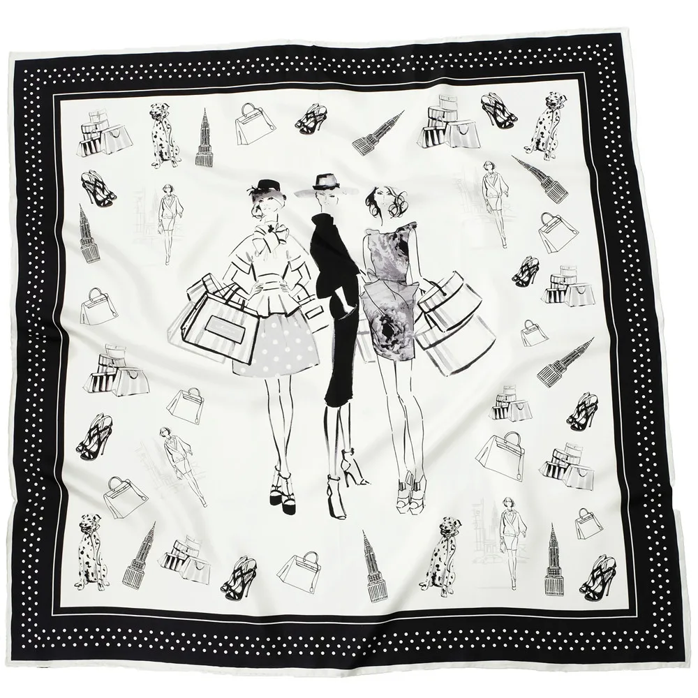 

100% Real Silk Square Large Scar 90x90cm Cartoon Fashion Women Doge Luxury Designer Hijab Hair Scarf Shawl Bandana Black Satin