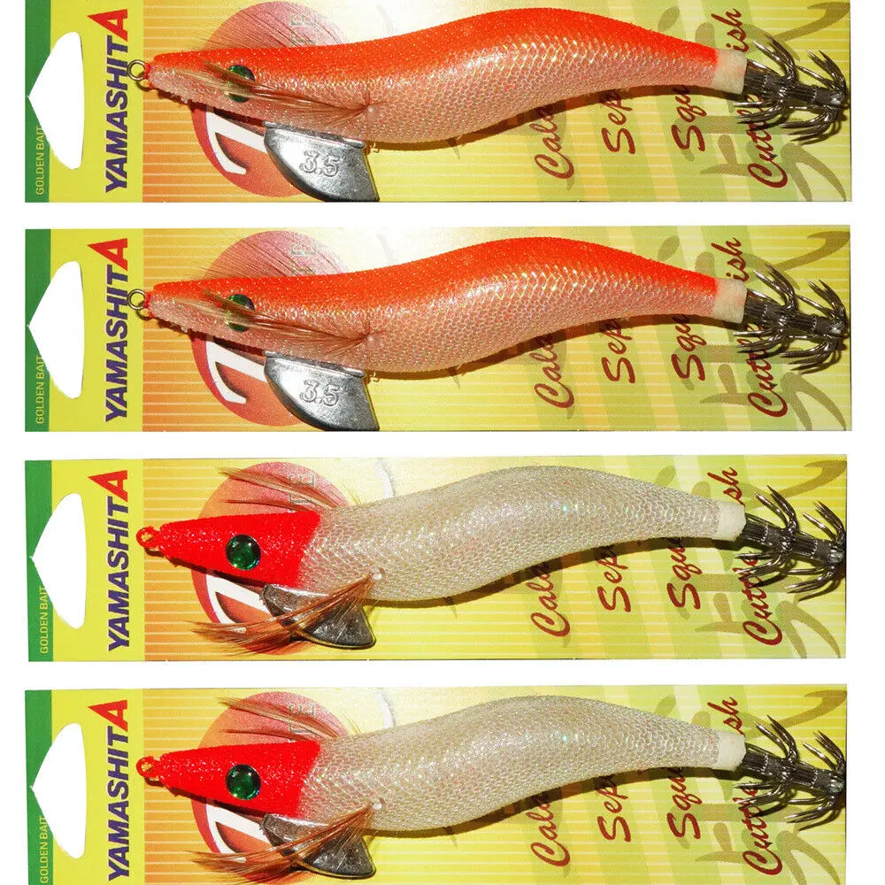 

4X 3.5 YAMASHITA SQUID JIGS Glow in Dark Rattle Squid JIg Red Head and Orange