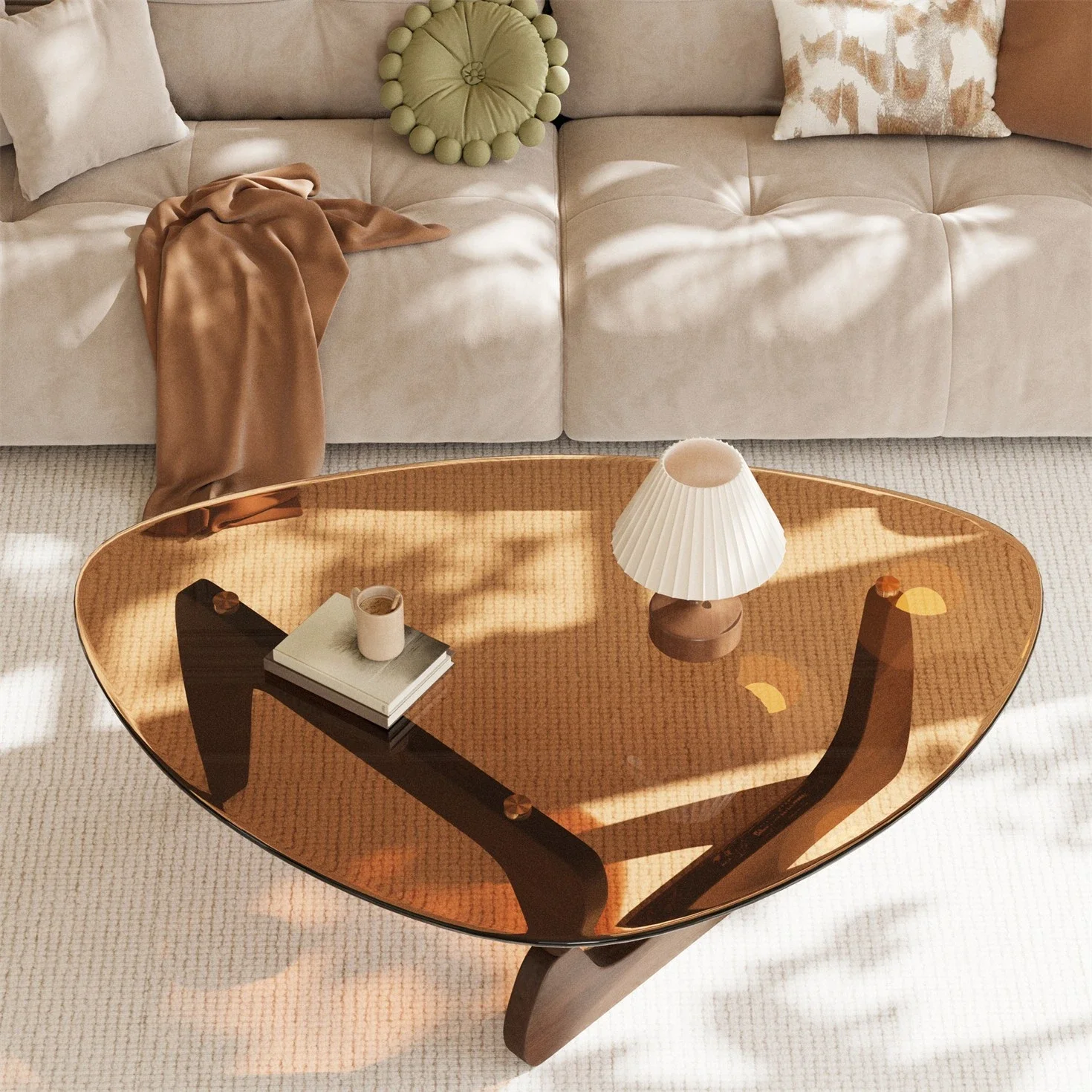 FATIVO Modern Irregular Glass Coffee Table – Amber Tempered Top 3