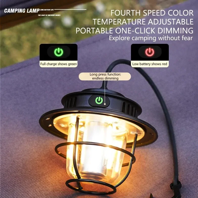 Retro Portable camping lantern Waterproof Emergency Light Stepless Dimmable Hanging Tent Lamp for Outdoor Hiking