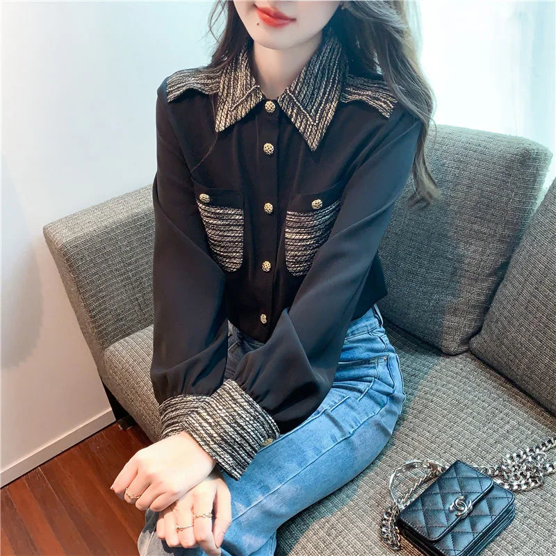 Spring Autumn Polo-neck Elegant Fashion Patchwork Shirt Ladies Long Sleeve Buttons All-match Blouse Women Casual Cardigans Top