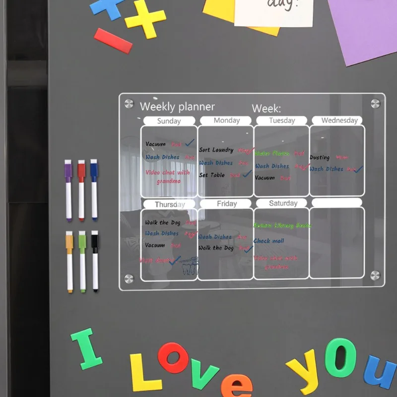 PYLV Fridge Magnet Sticker Calendar Board Planner Reusable Magnetic Dry Erase Board Schedule Transparent Acrylic Fridge Message