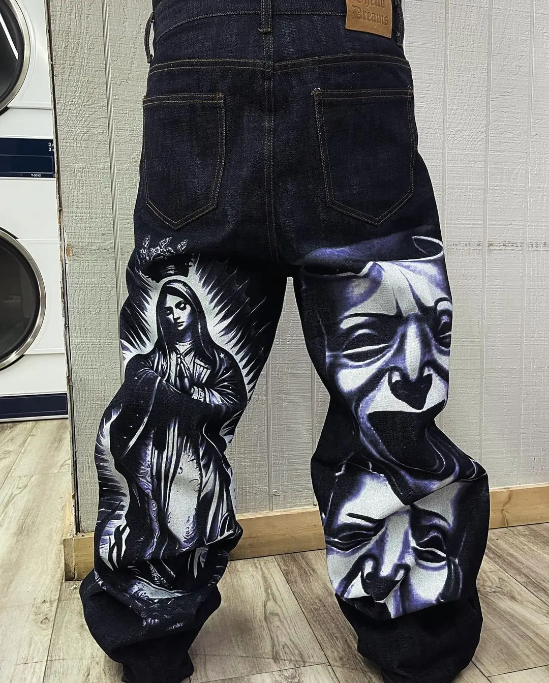 Harajuku retro jeans religion watermark loose slouchy jeans men women y2k gothic skateboard pants streetwear hip hop