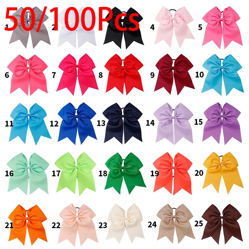 ncmama 50/100Pcs 7'' Hair Bows with Elastic Band Girls Cheerleader Cheer Bow Soft Grosgrain Hair Bands For Kids Hair Accessories