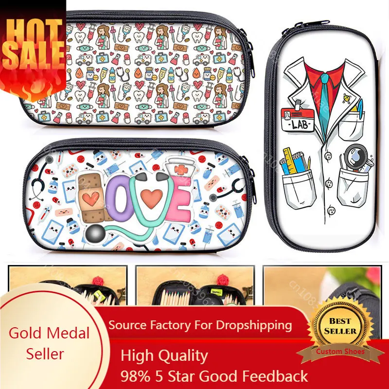Cute Doctor Nurse Uniform Print Cosmetic Case Pencil Bag Medical Stethoscope Syringe Pencil Box ECG Hospital Stationary Bags watercolor nurse medical collage blue pink for teens student school book bags canvas daypack middle high college hiking