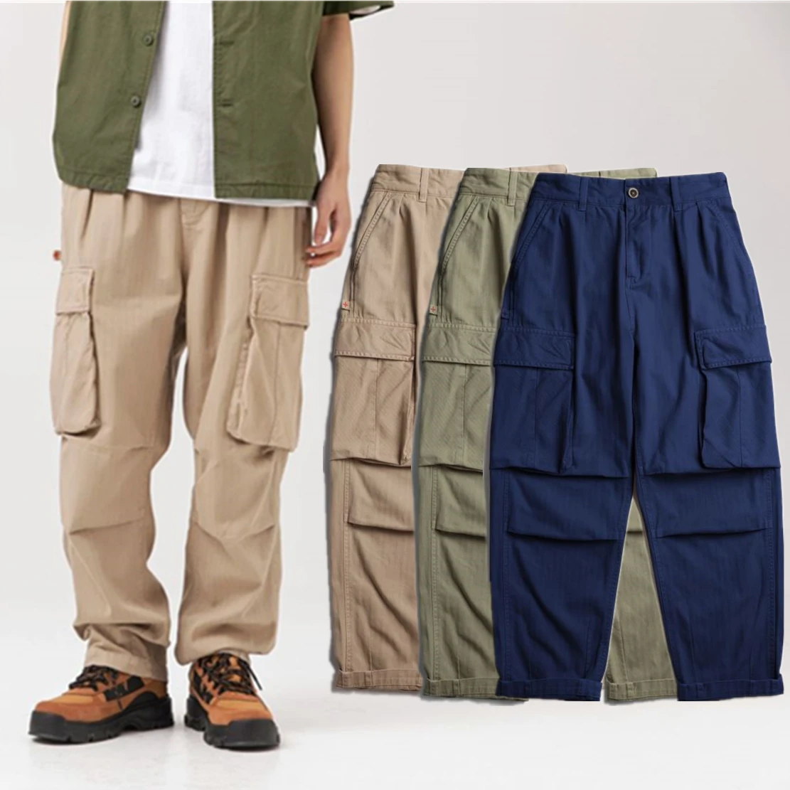 Withered American Style Retro Worn-Out Heavy Work Pocket Loose Straight Casual Trousers Cotton Cargo Pants Men XXL XXXL