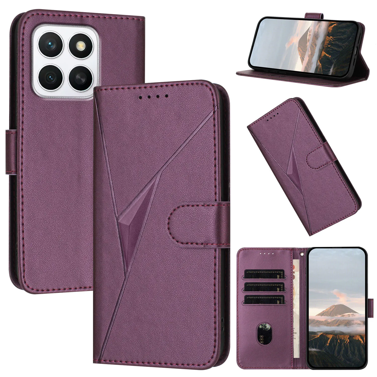 Leather Flip Wallet Phone Cover with Card Slot and Book Strap - Solid Color Design