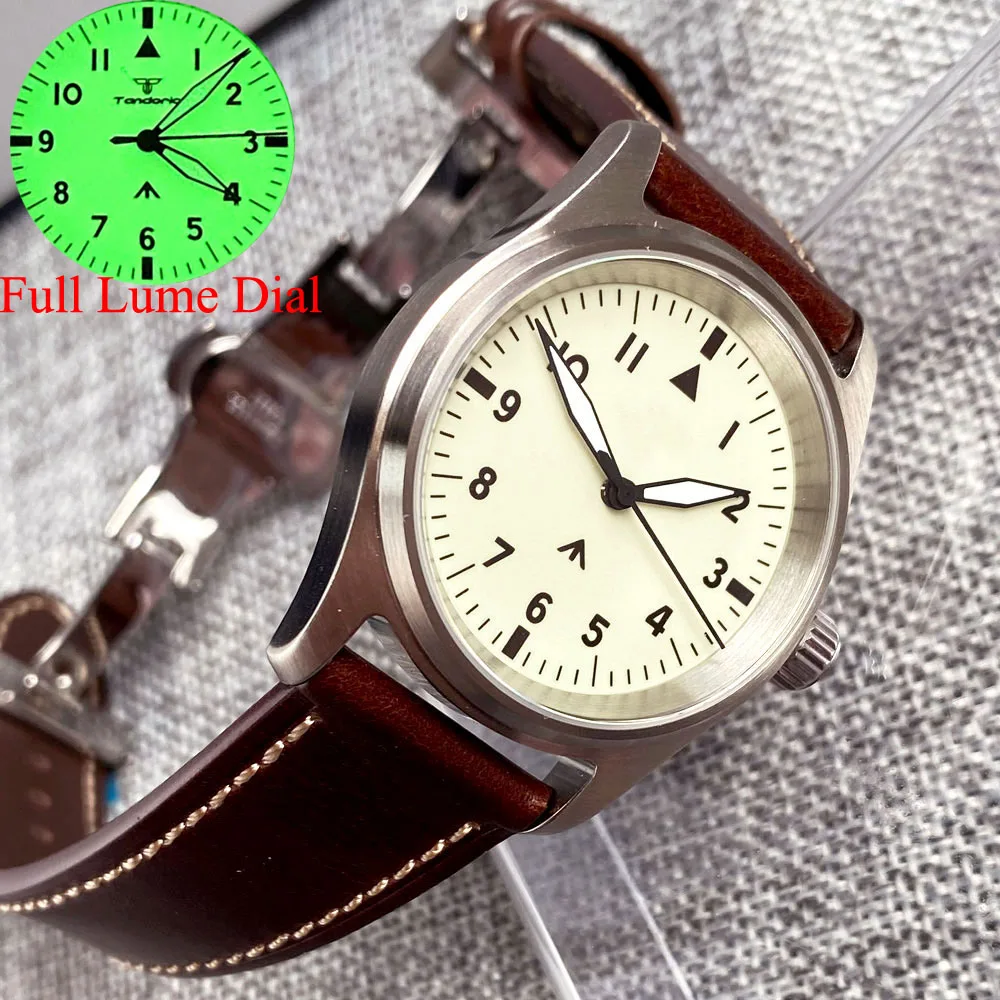 36Mm Tandorio Lume Dial Green Full Luminous Japan Nh35 Automatic Mechanical Pilot Style 20Atm Dive Watch Men Brown Leather Band