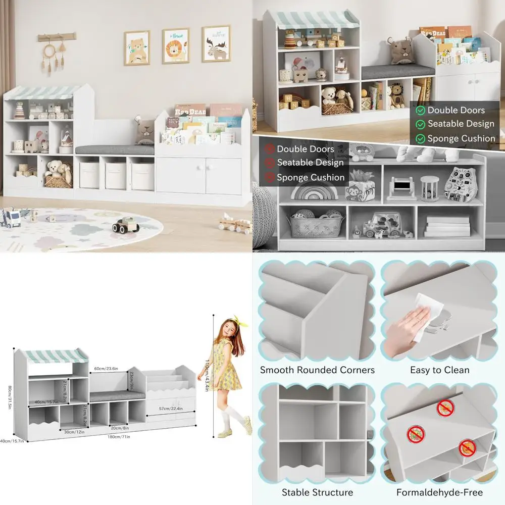 71" Kids Bookshelf with Reading Nook & Storage Cubbies 1