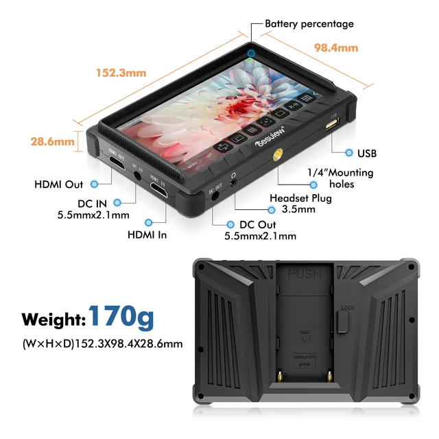 Desview P5II는 풀 HD 밝기 모니터로 DSLR 카메라와 호환되며, 터치 스크린과 4K HDMI 지원 기능을 가지고 있습니다.