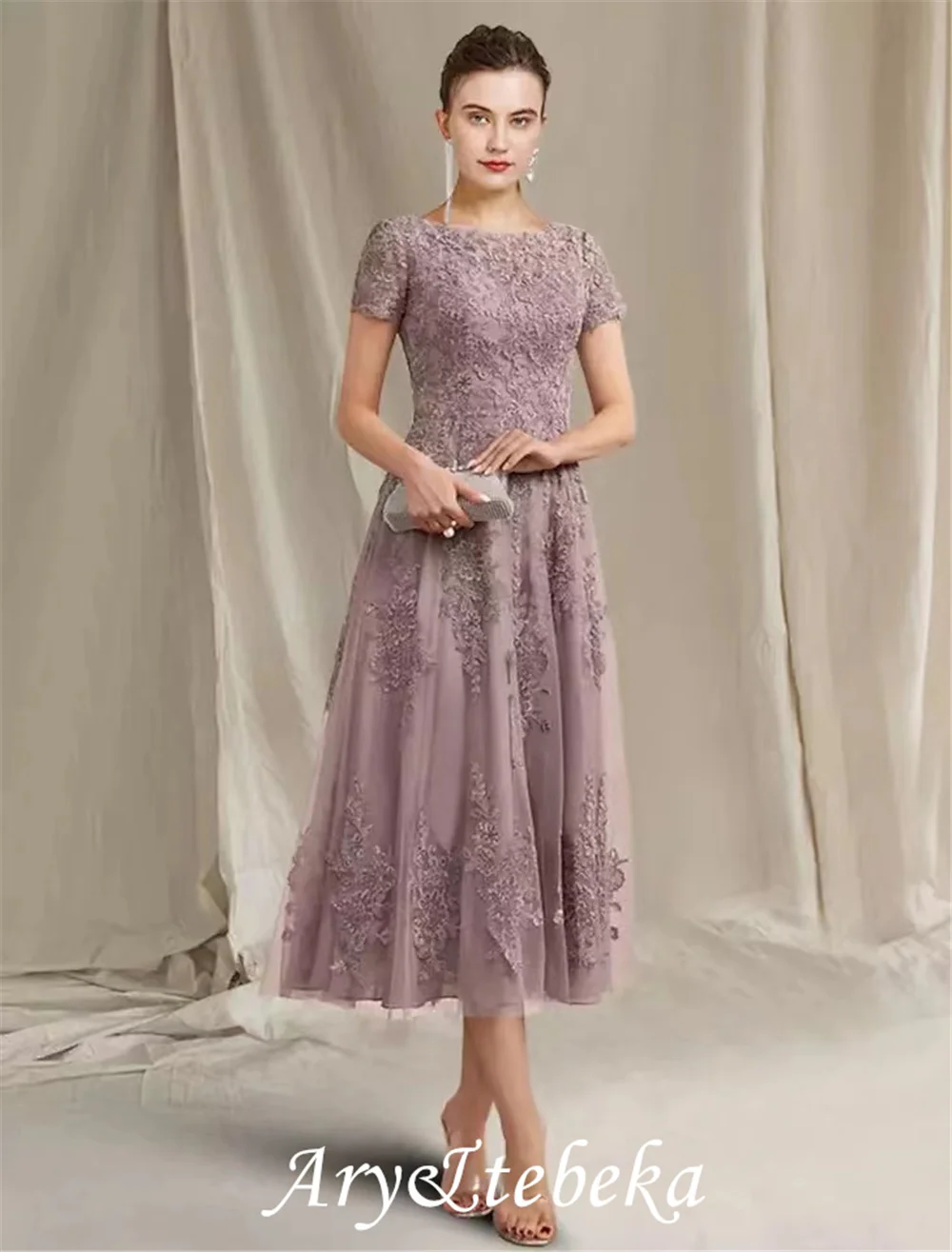 

A-Line Mother of the Bride Dress Elegant Jewel Neck Tea Length Lace Tulle Short Sleeve with Appliques