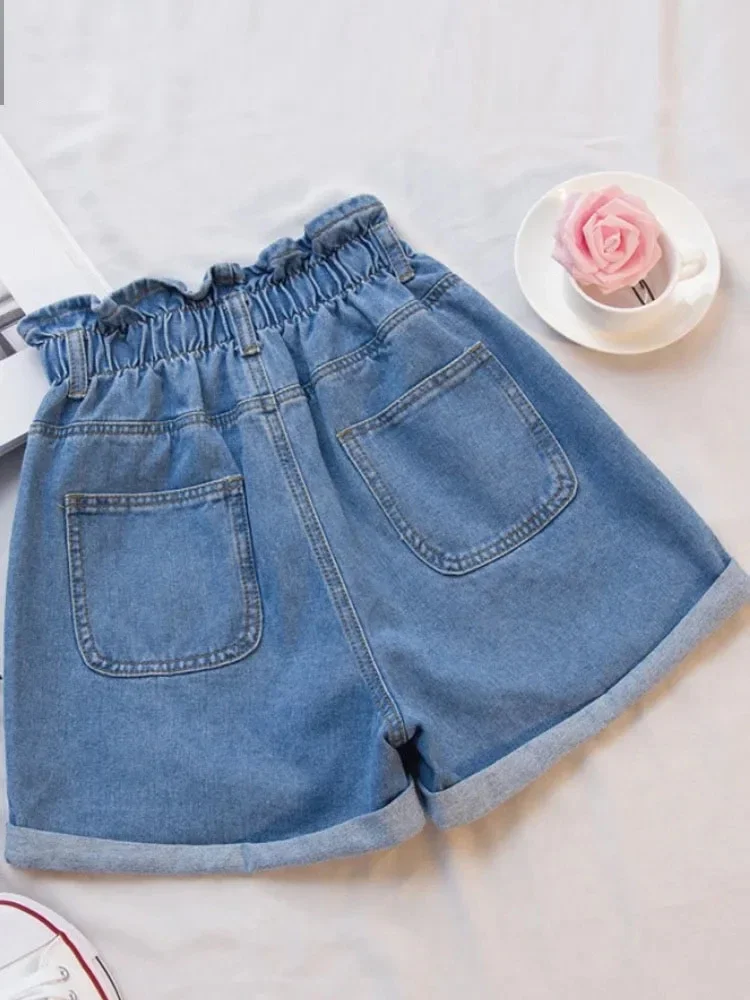 Fashion Elastic High Waisted Denim Shorts Black Women's S-5XL Classic Contrast Color Pleated Harlem Style Women's Short Jeans