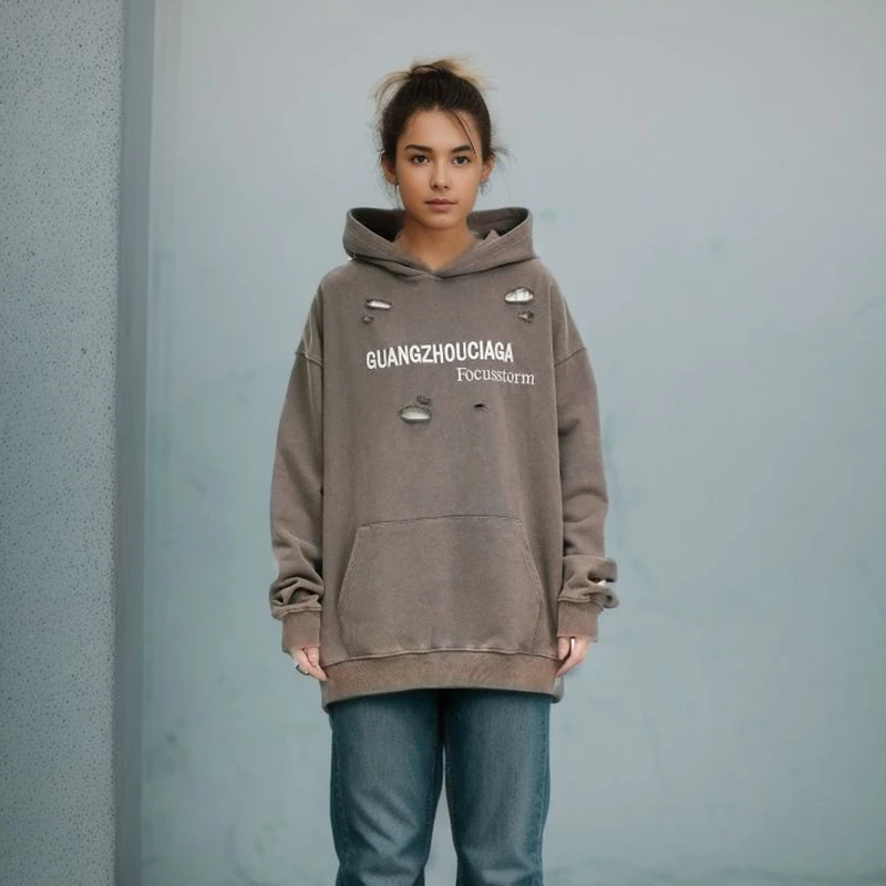 UPRAKF Washed Hole Hoodie Letter Embroidery Streetwear Pullover Oversize Casual Cotton High Street Autumn Vintage Tops Fashion