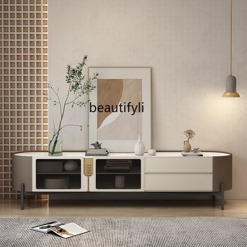 

Italian Minimalist Stone Plate TV Cabinet and Tea Table Combination Small Apartment Saddle Leather Advanced Sitting Room Cabinet