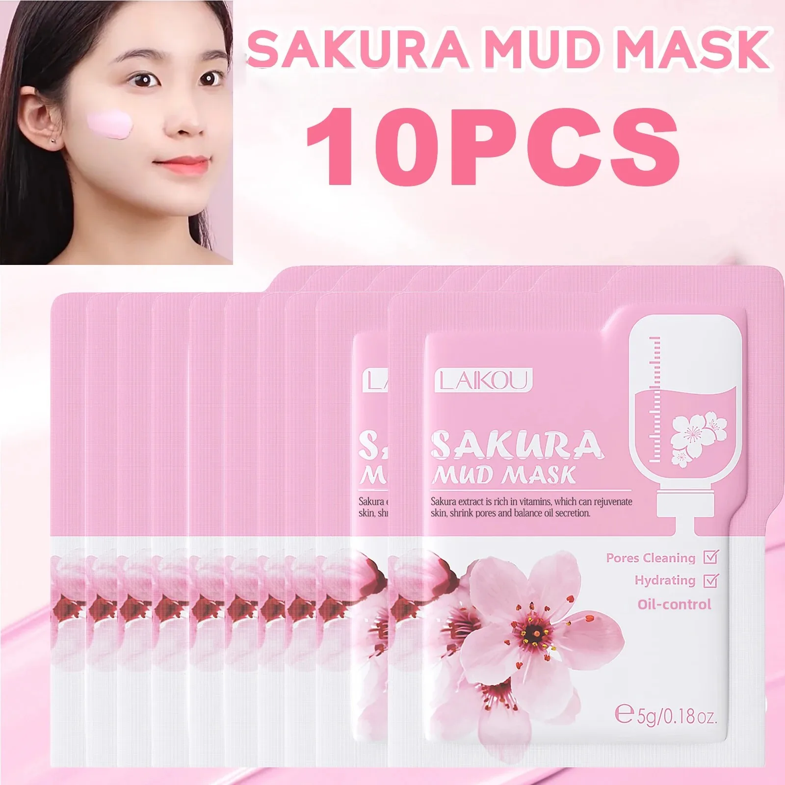 10/12 PCS Sakura Mud Face Mask Set Deep Cleansing Pore Shrinking Oil Control Blackhead Removal Moisturizing Skin Care
