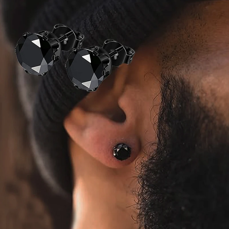 4-8mm Stud Earrings for Women Girls Men Punk Stainless Steel Stone CZ Crystal Round Black Silver Color Piercing Jewelry