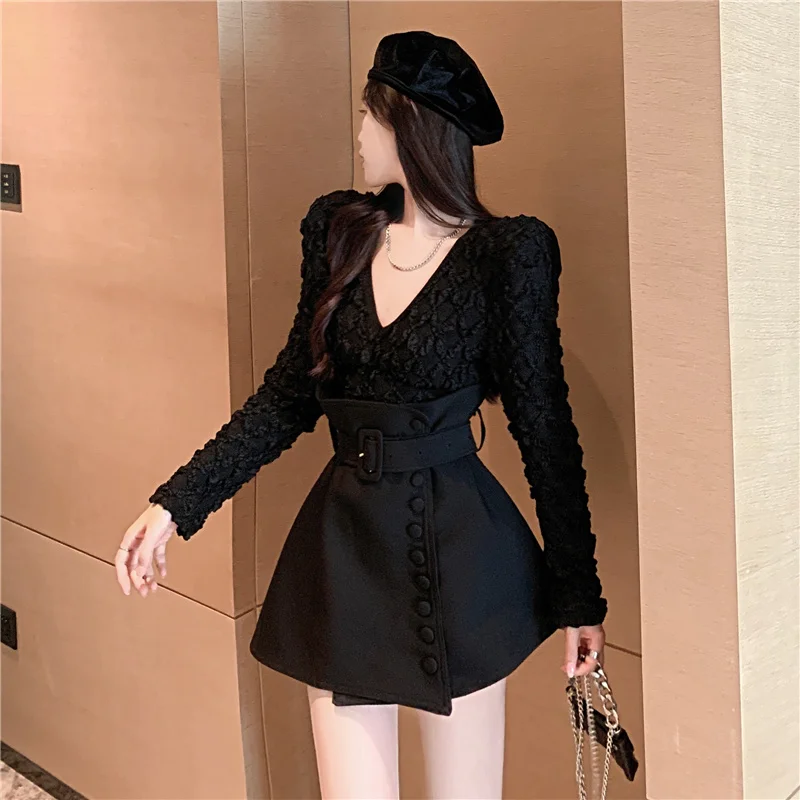 Gothic Bud Elegant Mini A-line High Waist Korean Button Sashes Elegance Autumn Casual Ladies Office Women Ball Gown Skirts crop top with skirt