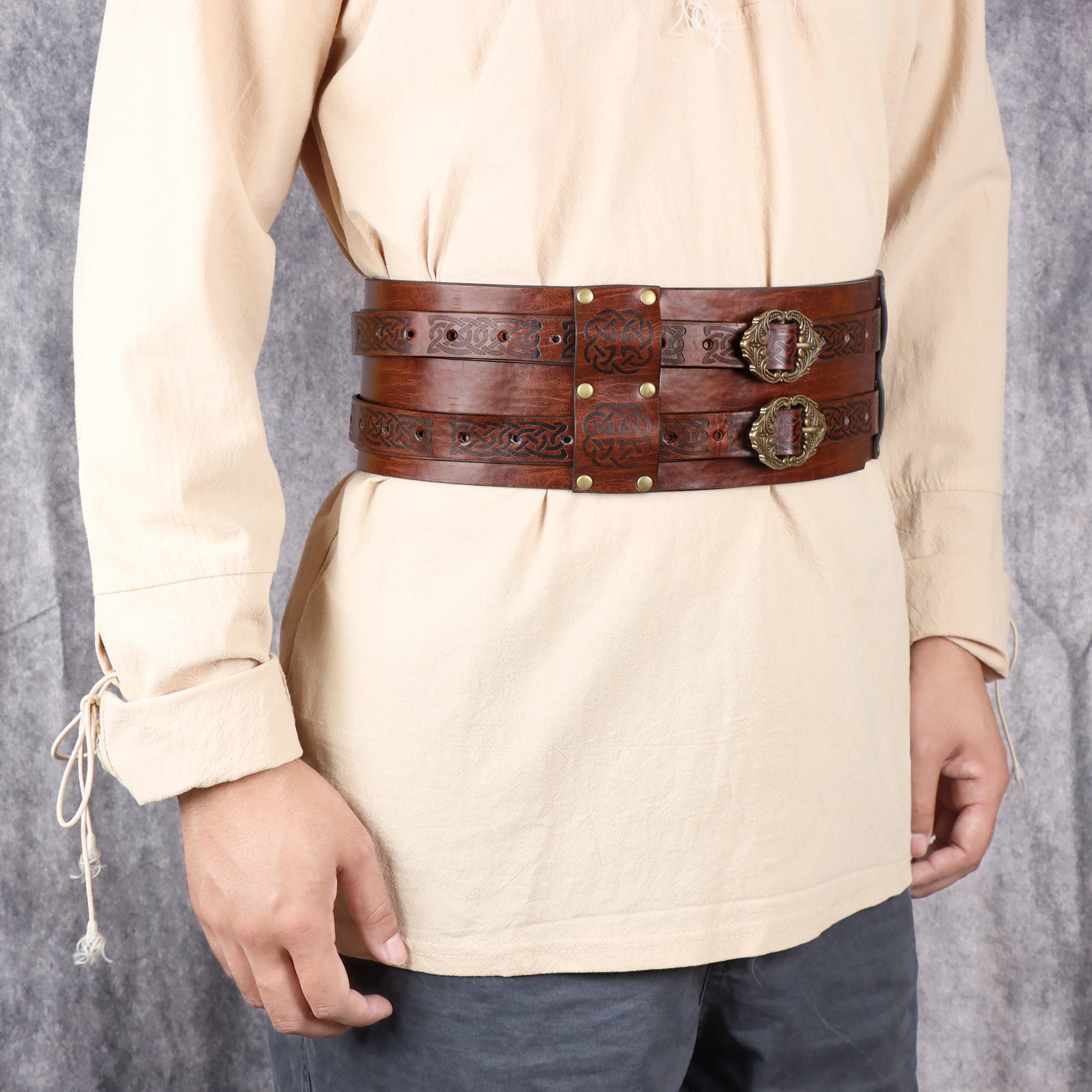 PU-Ledergürtel, doppelt breit, dicker Gürtel, Wikinger, Piraten, mittelalterliches Kriegszubehör, breite Schnalle, Korsett, Cinch, Gladiator, Herren – Detail 2