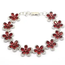  19x17mm Beautiful Flowers Shape 22.2g Red Blood Ruby Swiss Blue Topaz CZ Woman's Gift Silver Bracelet 7.0-8.0inch 