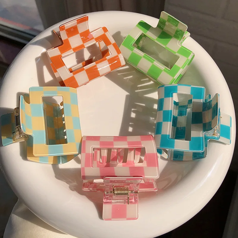 

Fashion Jelly Color Acrylic Hairpins Checkerboard Hair Clip for Women Girls Hair Accessories Medium Size Plastic Hair Claws