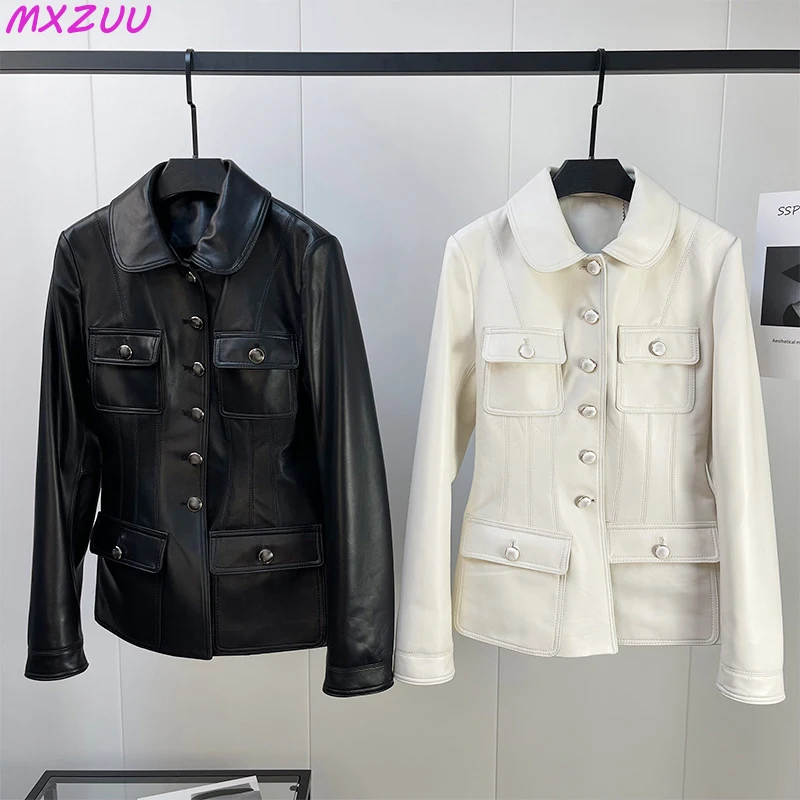 

Casacas De Cuero Para Mujer Genuine Sheepskin Doll Collar Long Sleeve Manteau Femme Single-breasted Slim Show Thin Suit Jackets