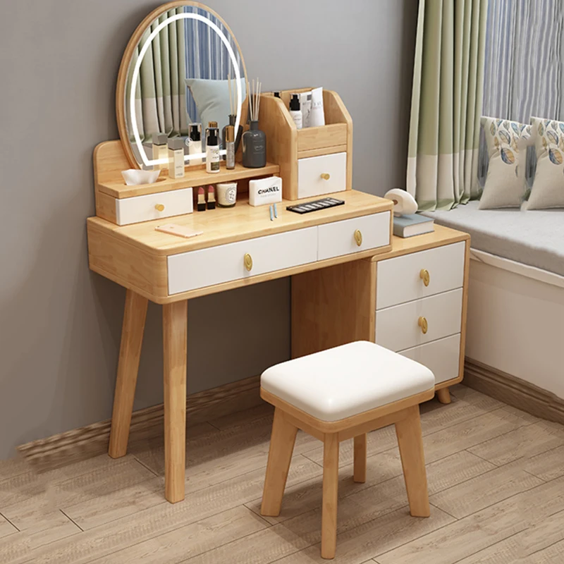 

Luxury Mirror Handles Dresser Storage Minimal Desings White Mirror Dressing Table Wooden Modern Penteadeira Furniture Bedroom