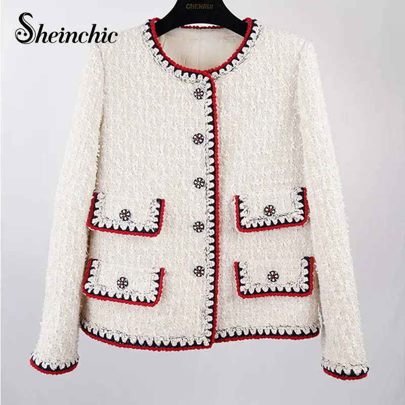 

New In Outerwears 2022 High Quality Brand Women Fashion Jackets White Tweed Pockets Buttons Elegant Coats Autumn Winter Clothes