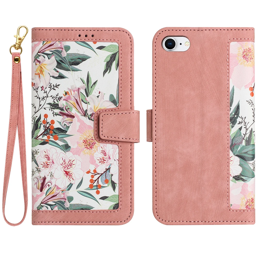 Elegant Floral Leather Flip Wallet Case with Strap and Card Slot Cover