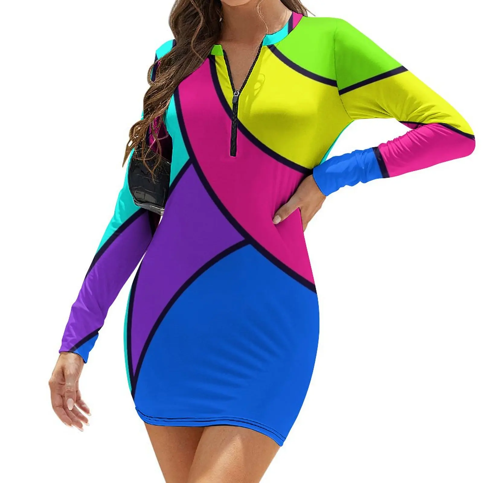 

Bright geometric Long-Sleeve Bodycon Dress long dresses for women Dress vintage